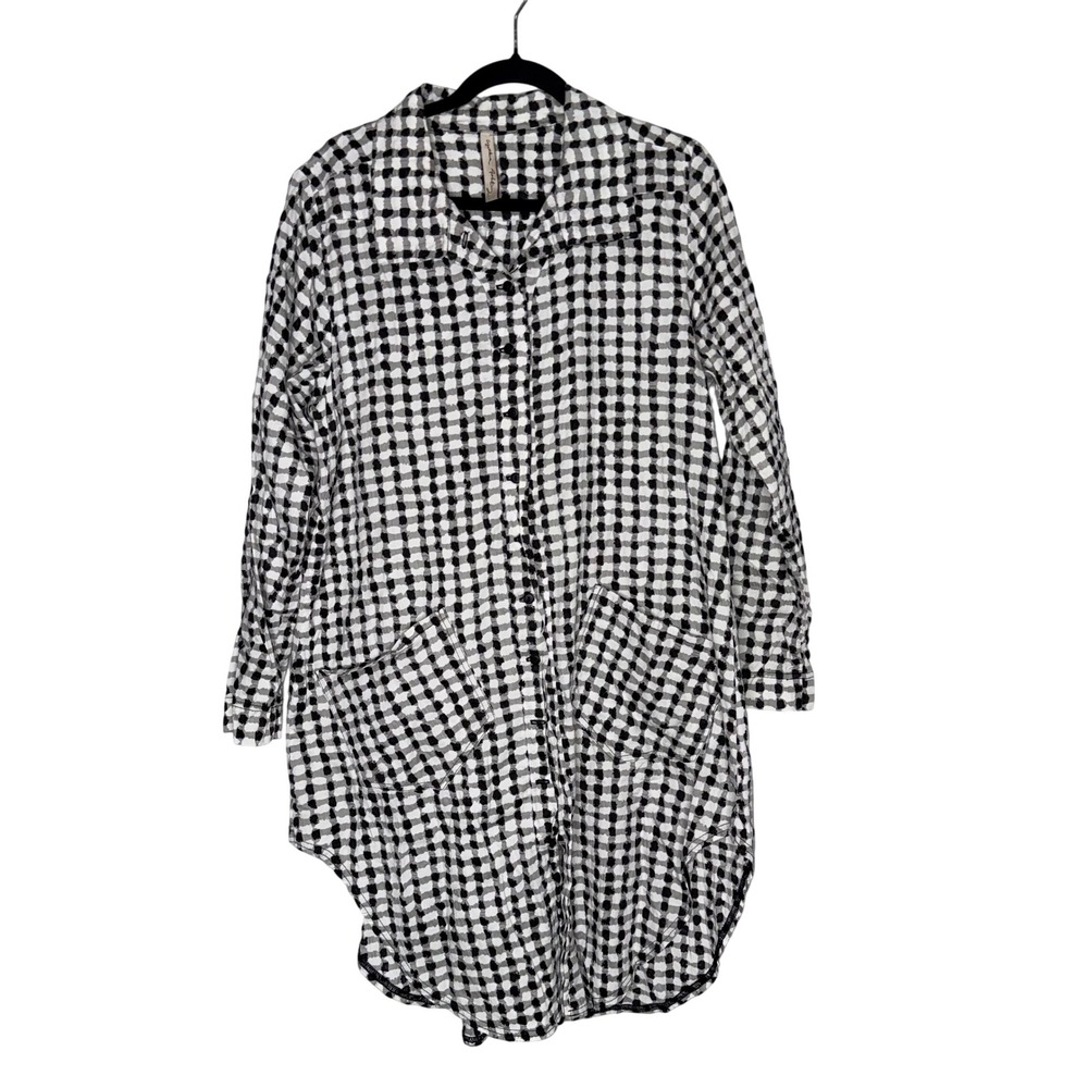 Cynthia Ashby Shirt Dress Womens Medium Black White Gingham Cotton Lagenlook EX